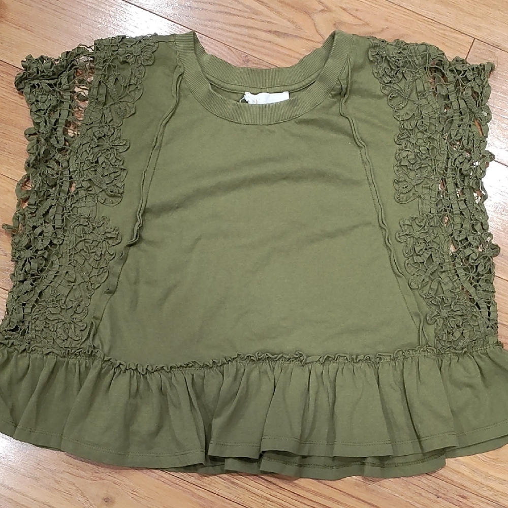 Anthropologie Olive Lace Sleeve Ruffle-Hem Crop Top - Picture 2 of 7